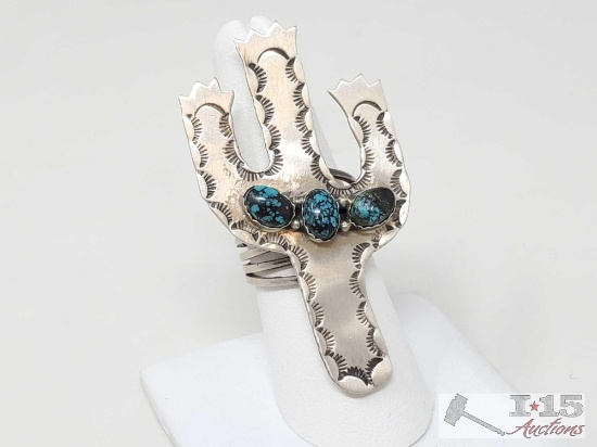 Native American L. James Turquoise Cactus Sterling Silver Ring