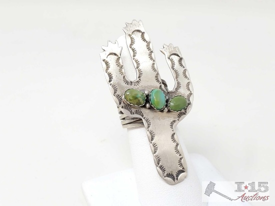 Native American L. James Turquoise Cactus Sterling Silver Ring