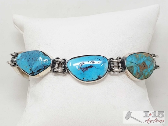 Native American Federico Jimenez Turquoise Sterling Silver Link Bracelet