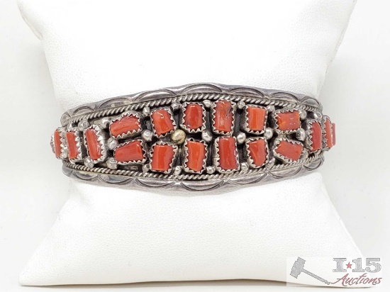 Native American AW Coral Sterling Silver Cuff Bracelet