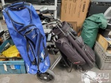 Mizuno Classic Wheel Bag, Datrek Golf Caddy, and Golf Clubs