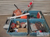 4 Totes Full Of Hardware Tools, Extension Cords, Hose, Gas Cans, Screws, and More