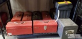 8 Tool Boxes Full Of Hardware Tools, Sand Paper, Saws, Fishing Reels, and More