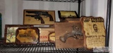 Winchester Shotgun Shell Wooden Box, Decorative Plaques, Framed Replica Handguns, and More