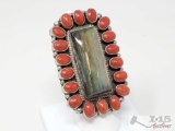 Native American G. James Labradorite with Coral Sterling Silver Statement Ring- 38.1g