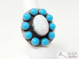 Native American Opal and Turquoise Cluster Sterling Silver Ring