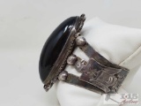 Native American One of A Kind, Hand Made Vintage Onyx Sterling Silver Cuff w/ Engraved Thunderbirds