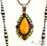 Native American J. Feeney Spiny Oyster Sterling Silver Pendent Complete with Semi Precious Stones