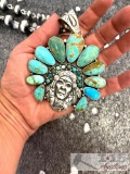 Native American LARGE ONE OF A KIND Big Chief Turquoise Sterling Silver Pendant