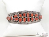 Native American AW Coral Sterling Silver Cuff Bracelet