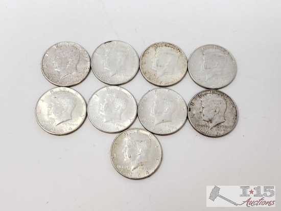 Nine 1964 Silver Kennedy Half Dollars