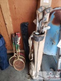 8 Rackets, Vintage Golf Clubs, And Pool Cue