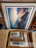 2 Framed Pieces of Art and Box Full of Frames