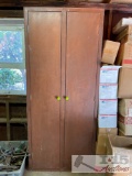 6 Shelf Wooden Shop Cabinet including paints, hardware, tools, etc.