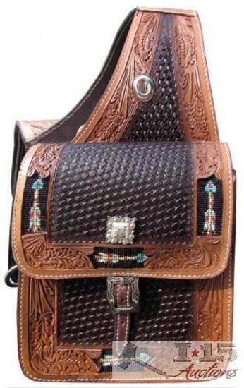 Showman ... Basketweave and leaf tooled leather saddle bag.