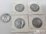 One 1937, Two 1939, One 1042 And One 1944 Walking Liberty Half Dollar Coins