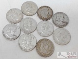 Approx 10 Half Dollars Of Ben Franklin Coins Ranging Between 1949 To 1963