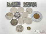 7 Buffalo Nickels, 2 Jefferson Nickels, 1 Barber Head, Gold Rush 1/4 Gold Coin, And More