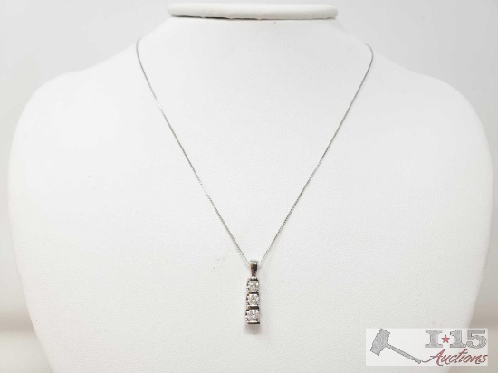 14k White Gold Necklace With Diamond Drop Trilogy Pendant 2.5g