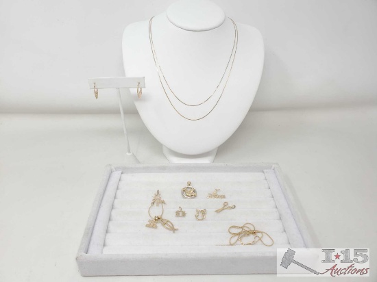 14k Hoop Engraved Earrings, 3 Gold Chains And 6 Pendants 16.2g