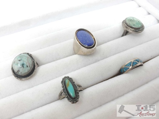5 Sterling Silver And Turquoise Fashion Rings 34.5g