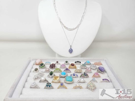 37 Sterling Silver Fashion Rings, 2 Chains And a Fashion Pendant 130g