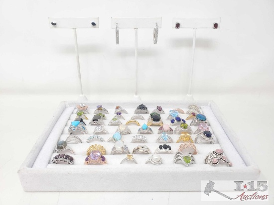 47 Sterling Silver Fashion Rings, 1 Pair Of Hoop Earrings And 2 Pair Of Stud Earrings 193g