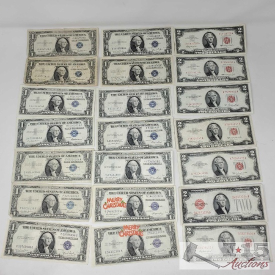 14 1935-1957 Blue Seal US Dollar Bills And 7 1928-1953 Red Seal US 2 Dollar Bills