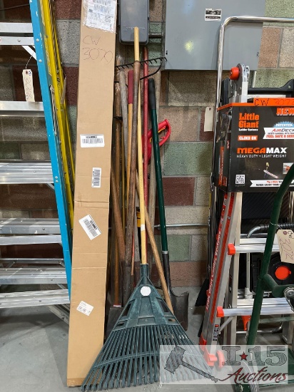 Rake, Shovels , Push Brume, Weed Wacker and Attachable Tree Saw