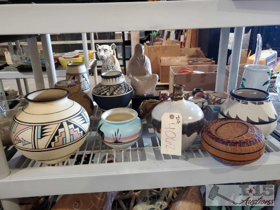 Native American Pots, Baskets, And Figurine