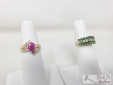 14k Gold Ruby Ring With Diamond Accents And 14k Gold Diamond Ring With Emerald Cluster 6.6g