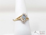 14k Gold Ring With Oval Aquamarine Stone With Cluster Of Accent Stones 1.9g