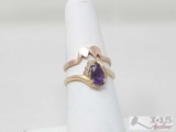 14k Gold Purple Spinel Teardrop With Diamond Accents Ring And 14k Rose Gold Half Heart Ring 3.9g