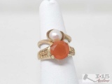 10k Gold Pearl Ring And 10k Gold Tangerine Semi-Precious Stone Ring 6.1g