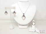 Bone Face Amethyst Sterling Silver Set With Necklace, Earrings And Ring 36.6g