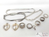 3 Sterling Silver Chains, 5 Fashion Rings And 3 Pendant 57.7g