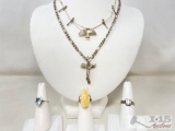 Sterling Silver Figaro Chain With Crucifix Pendant, Necklace With Bird Pendant And 3 Fashion