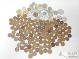 Assortment Of 1929-1953 Wheat Pennies And Foreign Currency