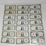 14 1935-1957 Blue Seal US Dollar Bills And 7 1928-1953 Red Seal US 2 Dollar Bills