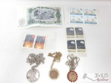 Bulgaria Banknote, Collectible Stamps From Apollo 8, Dominica, Grenada And 3 Necklaces With Coin