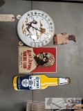 Metal Thermometer, Wooden Key Holder, And 2 Tin Signs