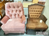 Mauve Upholstered Swivel Rocking Chair And Vintage Wooden Brown Upholstered Chair