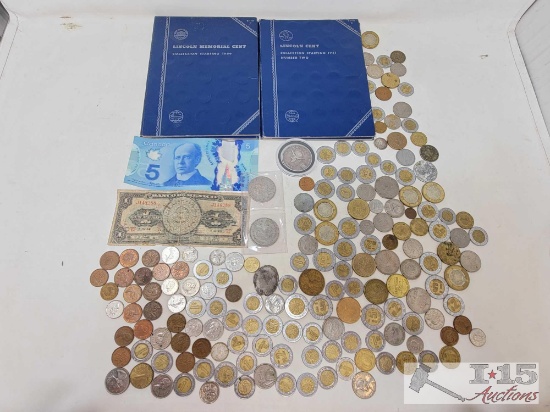 (1) Lincoln Memorial Cent Collection Book, (1) Lincoln Cent Memorial Book and Foreign Currency
