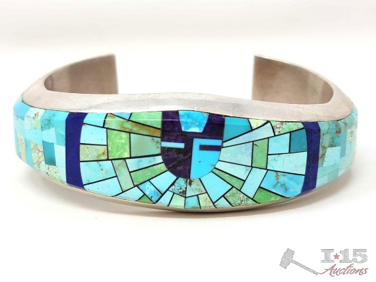 One Of The Most Detailed Vintage Native American Navajo Turquoise Inlay Sterling Silver Bracelet