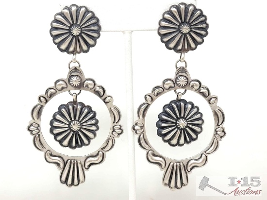 Vintage Double Concho Native American Sterling Silver Engraved Earrings