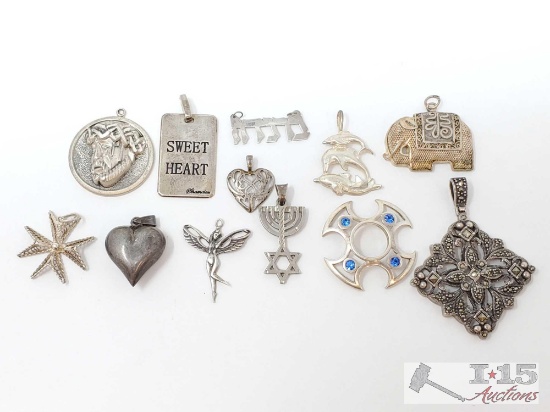 12 Vintage Sterling Silver Pendants 57.7g
