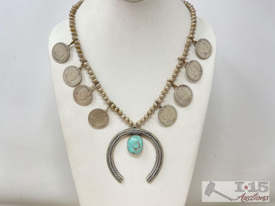 Native American Sterling Silver Large Cent And Turquoise Squash Blossom, 118g