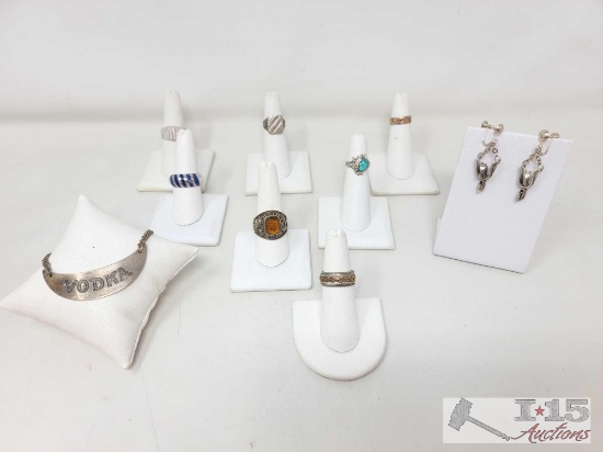 7 Vintage Sterling Silver Rings, Sterling Silver Spur Earrings, Sterling Silver Vodka Decanter