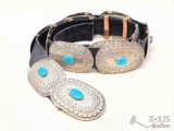 Vintage Native American Navajo Concho Belt With Turquoise Stones -401.7g