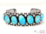 Native American Sterling Silver Turquoise Stone Engraved Cuff